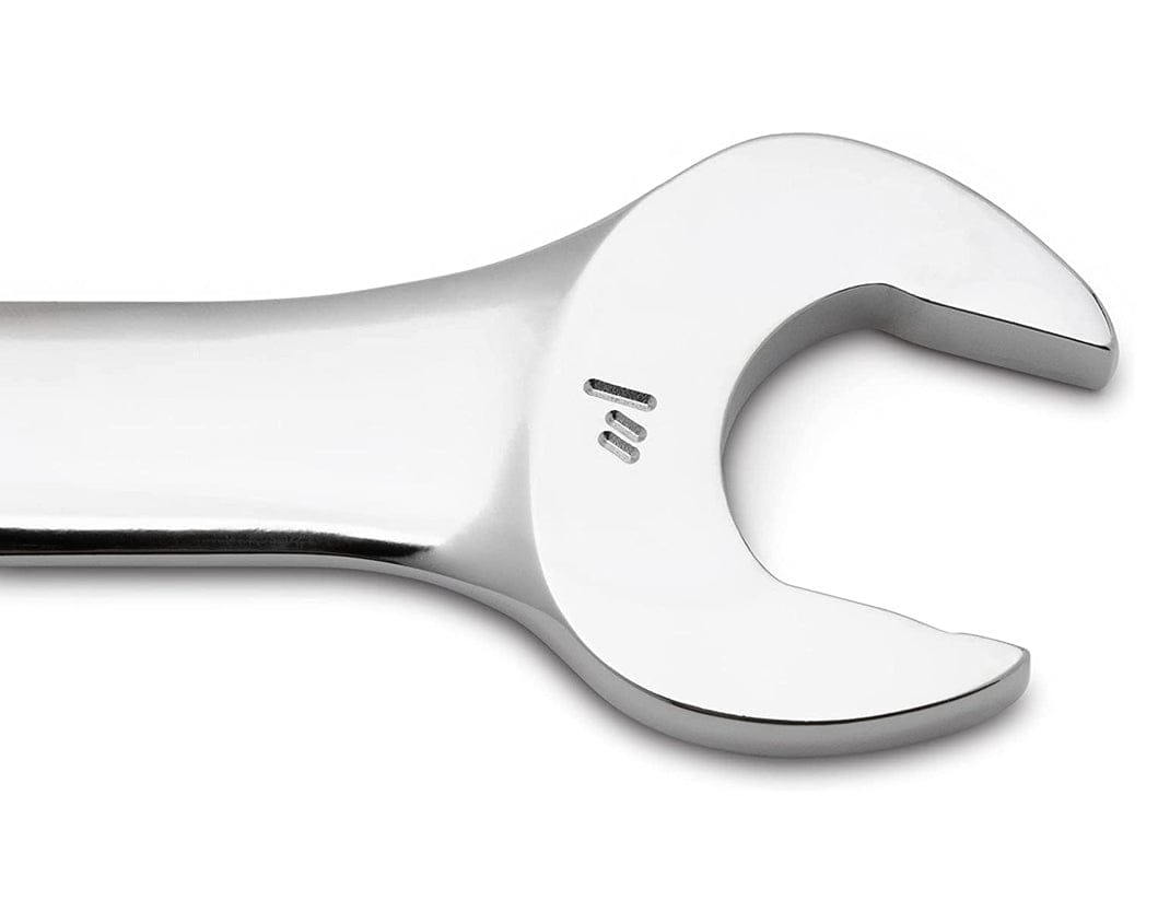 Close-up view of the open end of a polished chrome combination wrench showing the stamped size marking.