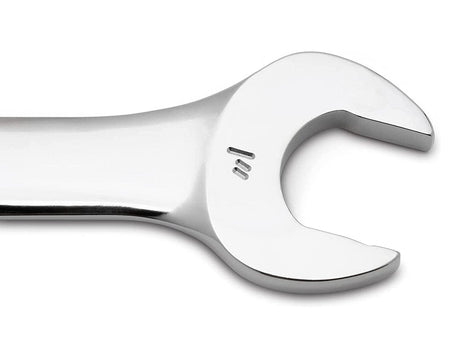 Close-up view of the open end of a polished chrome combination wrench showing the stamped size marking.