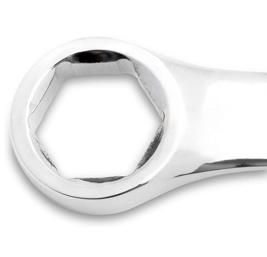 Close-up detail of the 6-point box end of the wrench showing the hexagonal shape for secure fastener engagement.