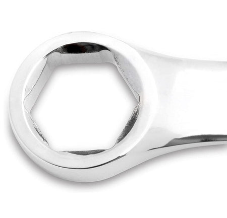 Close-up detail of the 6-point box end of the wrench showing the hexagonal shape for secure fastener engagement.