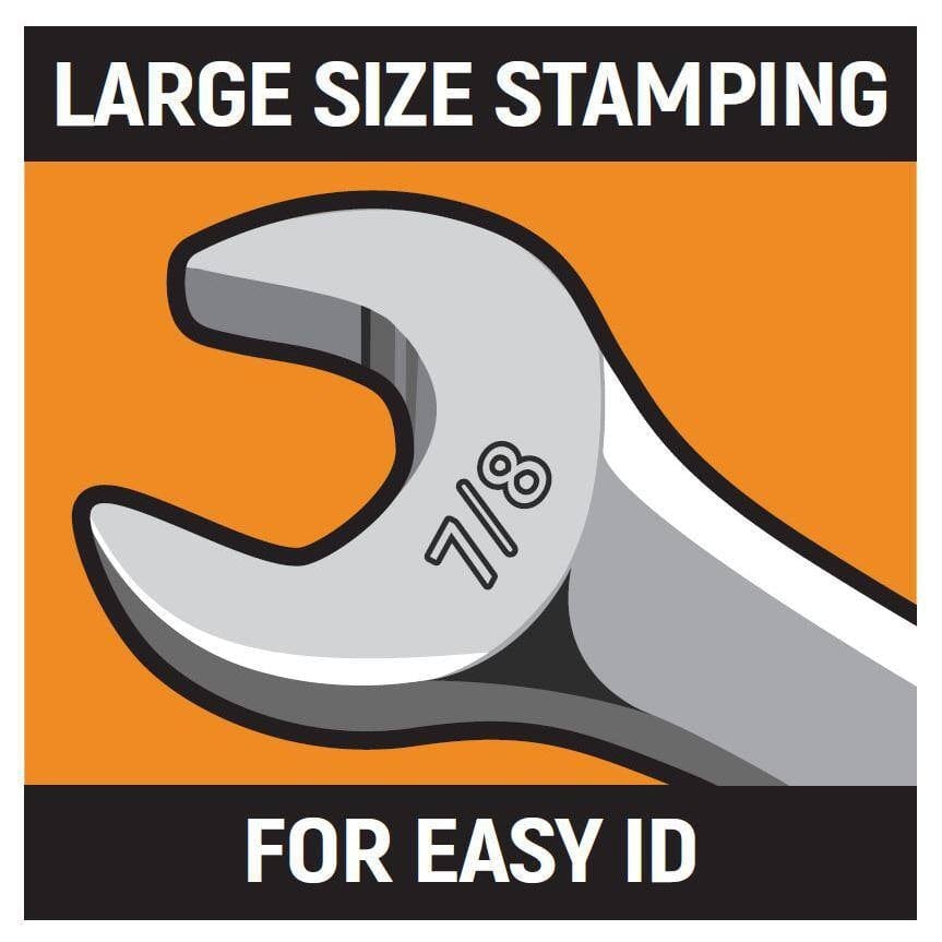 Graphic illustration highlighting the large size stamping on the wrench beam for easy identification.