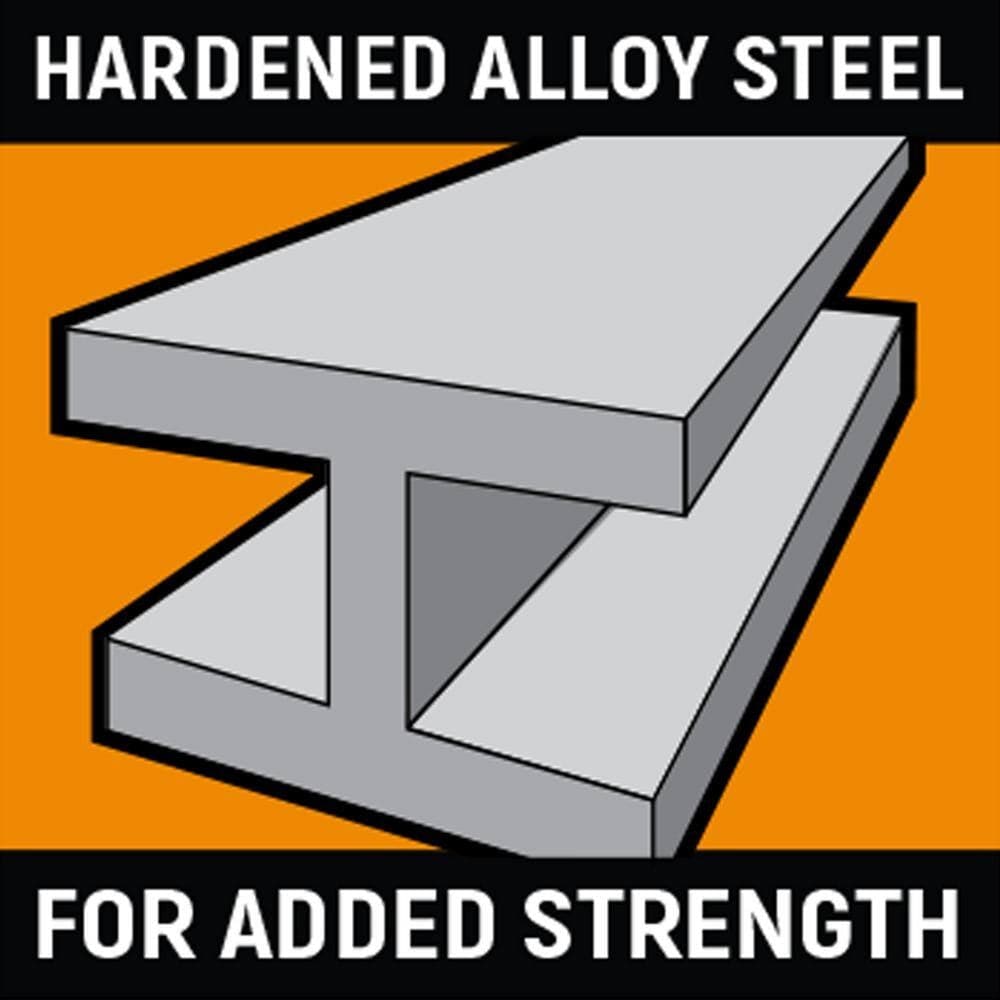 Graphic symbol depicting a steel beam with text stating Hardened Alloy Steel For Added Strength.
