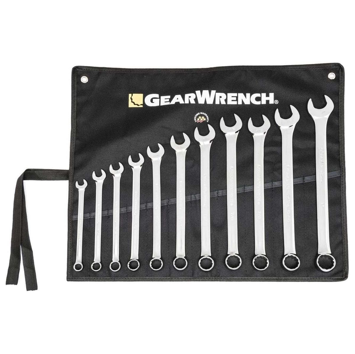 Full view of the SAE wrench set organized in its open black storage roll ready for use.