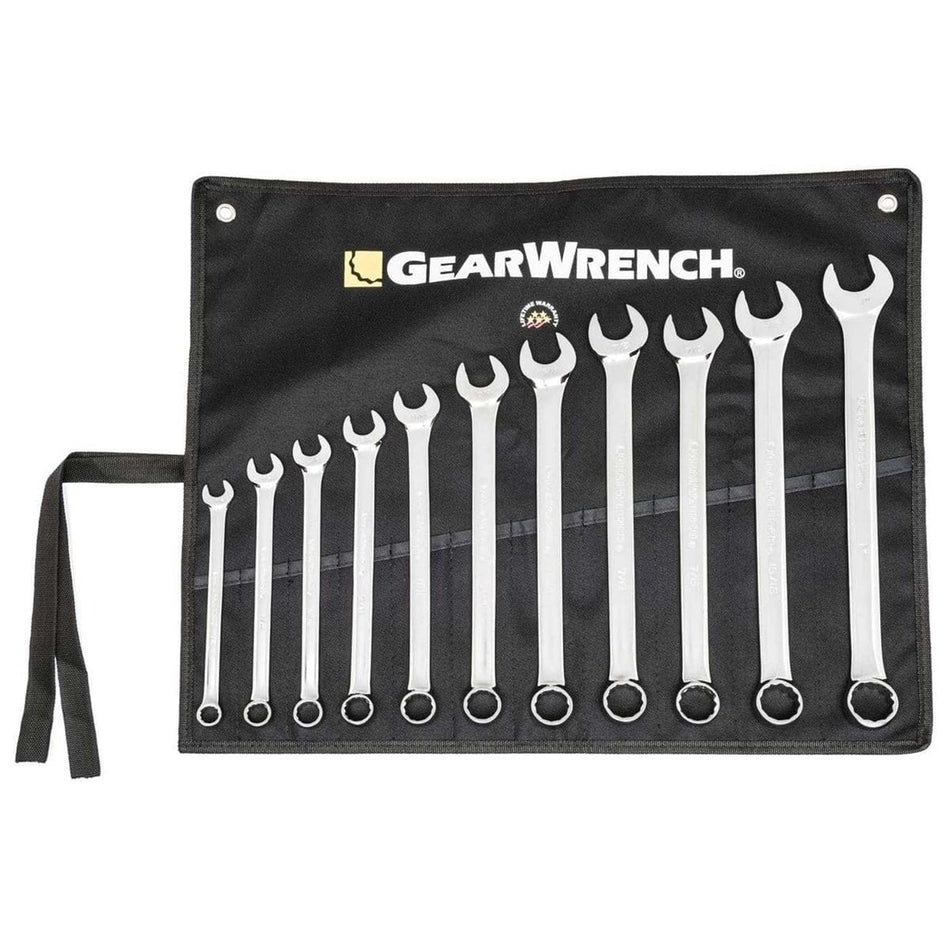 Full view of the SAE wrench set organized in its open black storage roll ready for use.