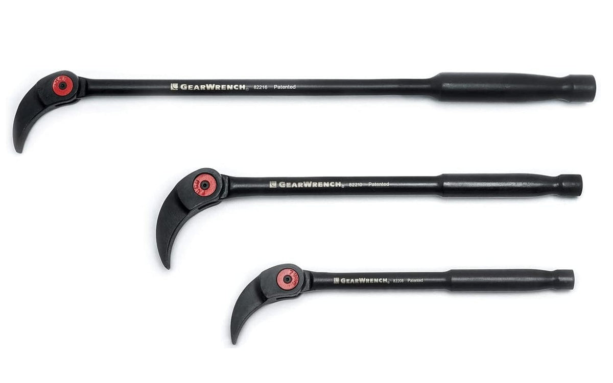 The complete 3-piece set of black indexing pry bars in 8-inch, 10-inch, and 16-inch lengths arranged by size.