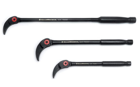 The complete 3-piece set of black indexing pry bars in 8-inch, 10-inch, and 16-inch lengths arranged by size.