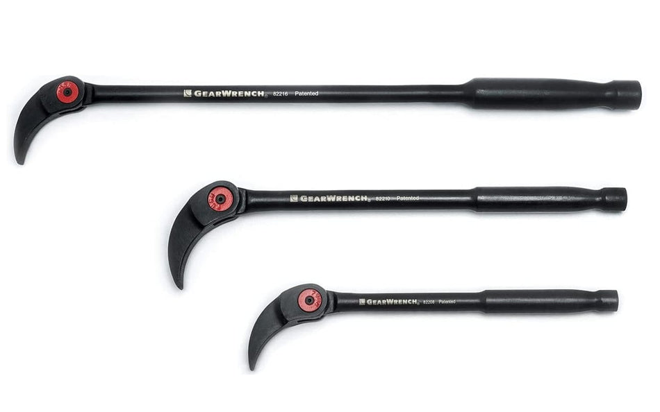 The complete 3-piece set of black indexing pry bars in 8-inch, 10-inch, and 16-inch lengths arranged by size.