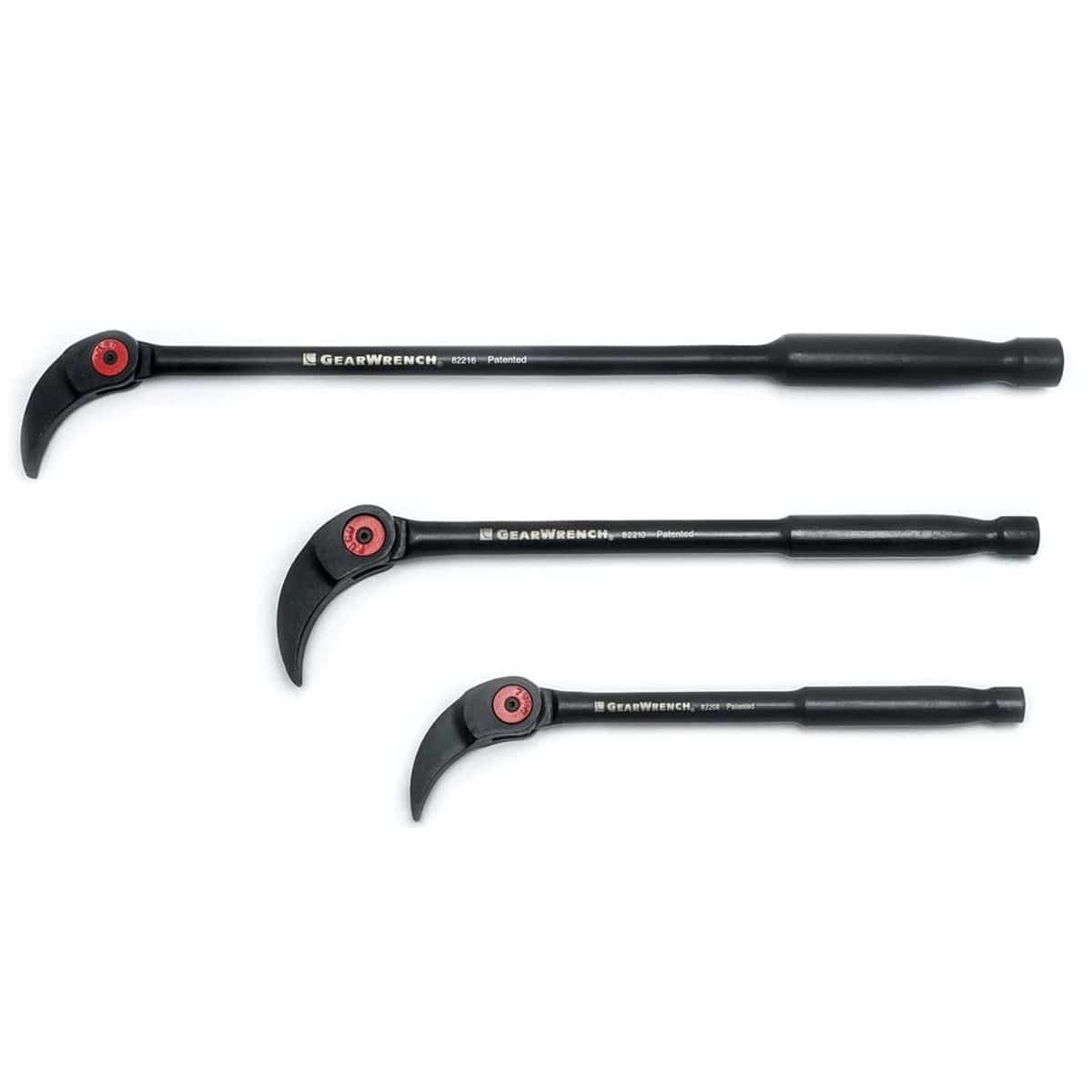 The complete 3-piece set of black indexing pry bars in 8-inch, 10-inch, and 16-inch lengths arranged by size.