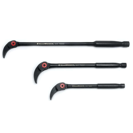 The complete 3-piece set of black indexing pry bars in 8-inch, 10-inch, and 16-inch lengths arranged by size.