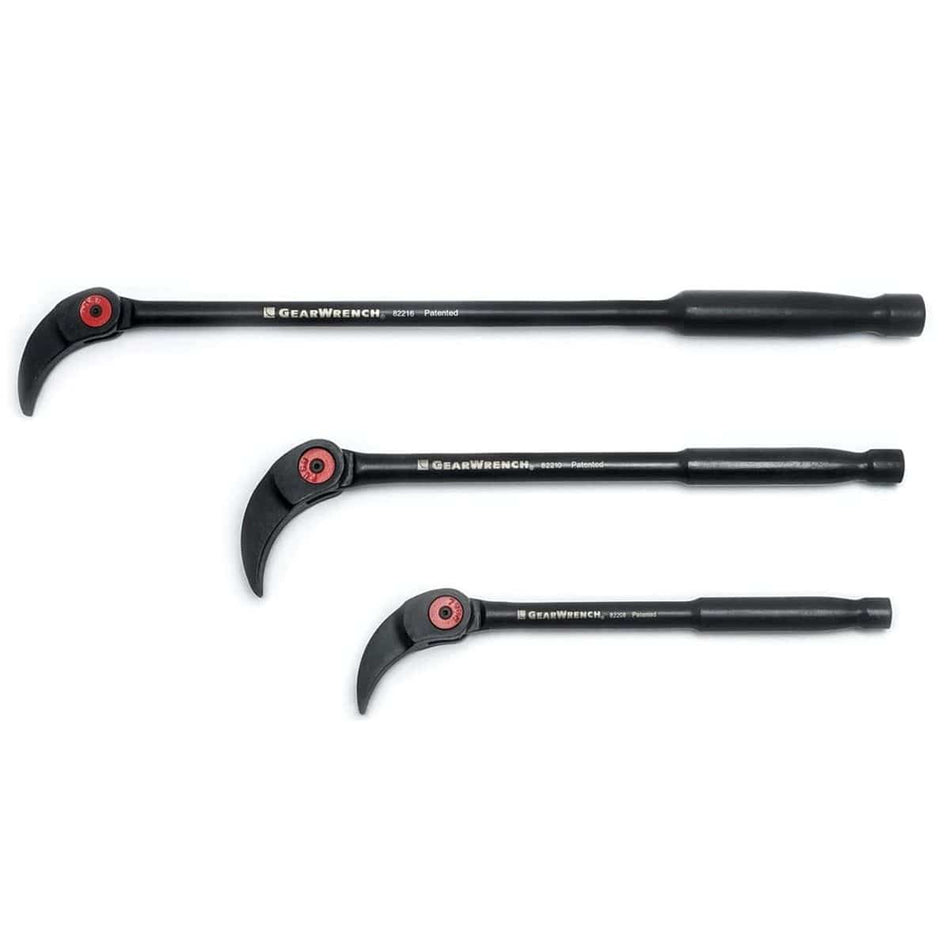 The complete 3-piece set of black indexing pry bars in 8-inch, 10-inch, and 16-inch lengths arranged by size.
