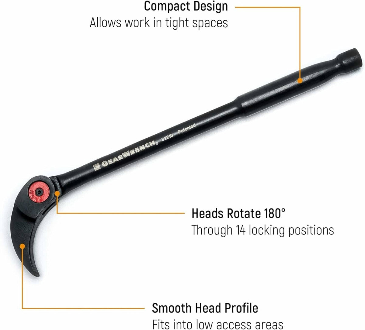 Infographic detailing the pry bar features, pointing out the compact design, 180-degree rotating head, and smooth head profile for low access areas.