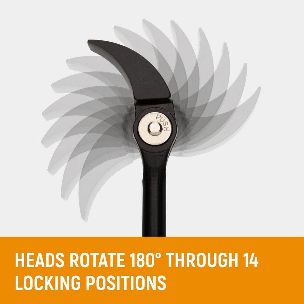 Graphic illustration demonstrating the 180-degree range of motion of the indexing head with text stating Heads Rotate 180 Degrees Through 14 Locking Positions.