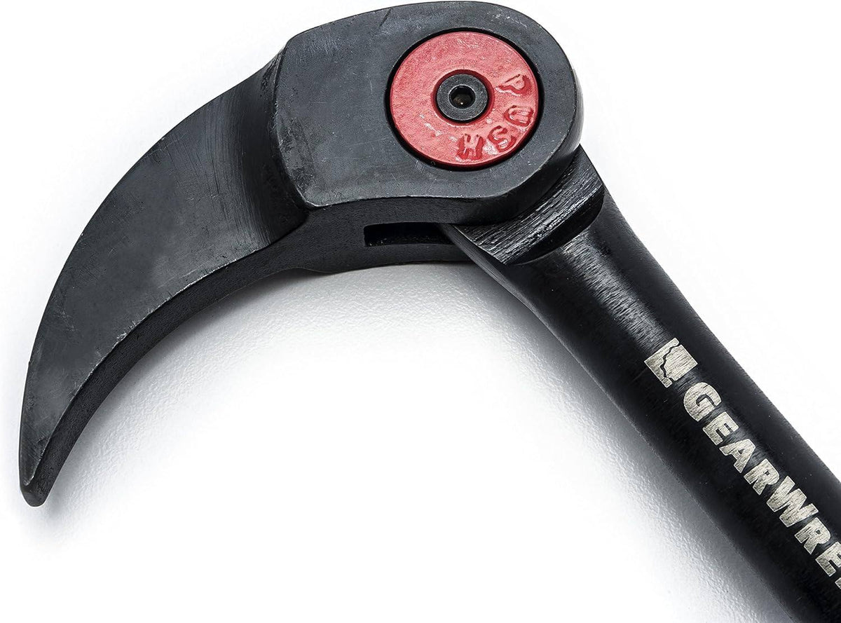 Macro view of the pry bar head showing the red push-button locking mechanism and the curved tip.