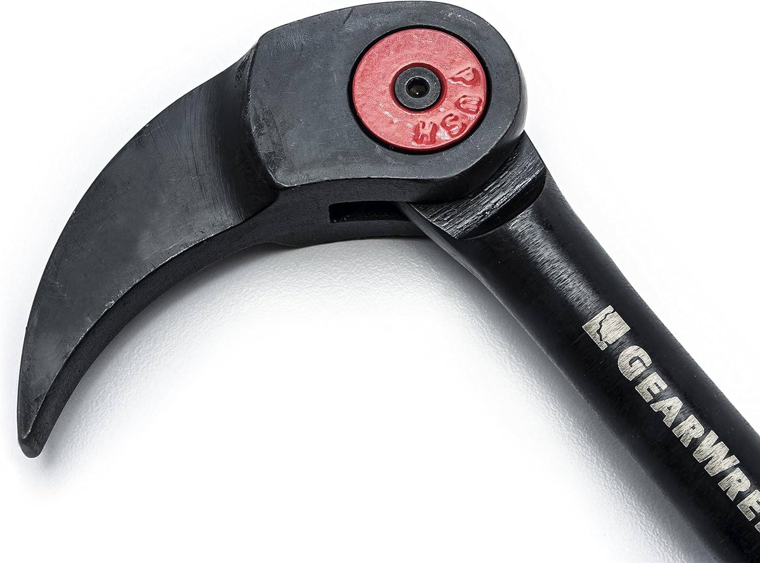 Macro view of the pry bar head showing the red push-button locking mechanism and the curved tip.