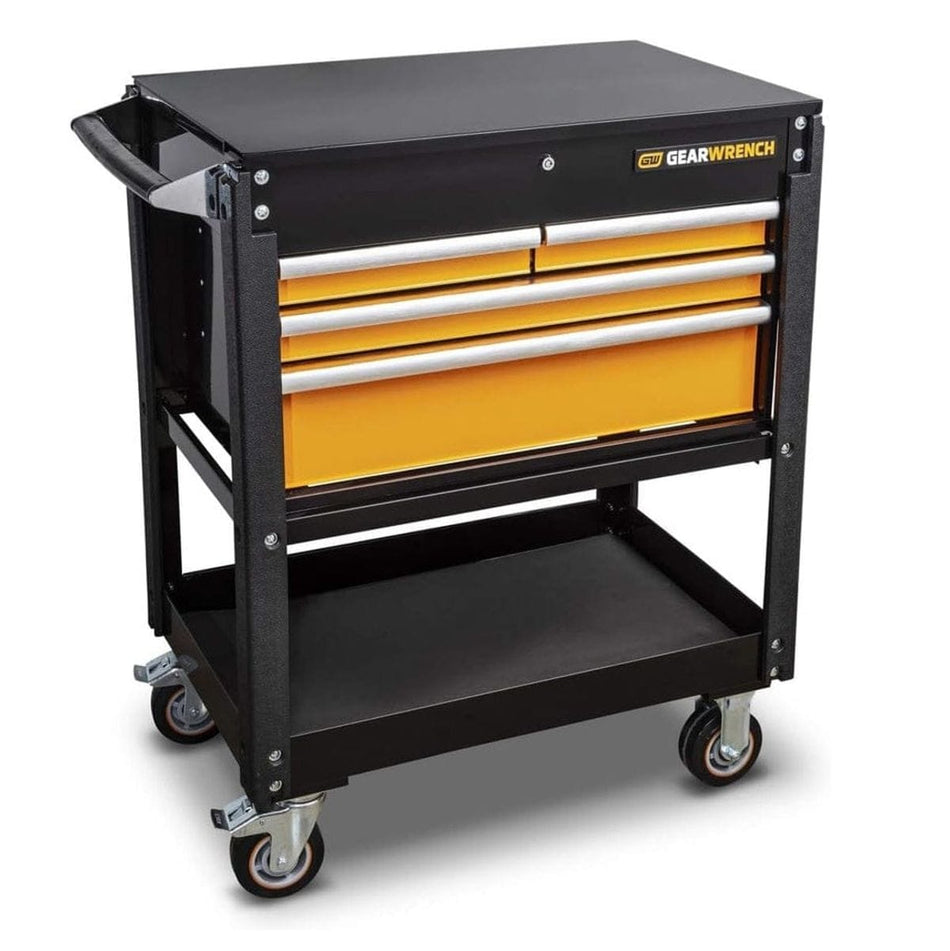 Angled studio view of the GearWrench GSX 33 inch black 4-drawer utility cart with orange drawer fronts and a bottom storage tray.