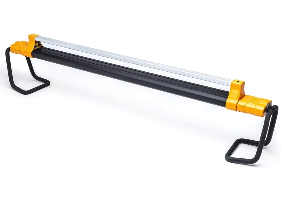 Studio shot of the underhood rack mounting bar in its collapsed state featuring black and orange components and padded hooks.