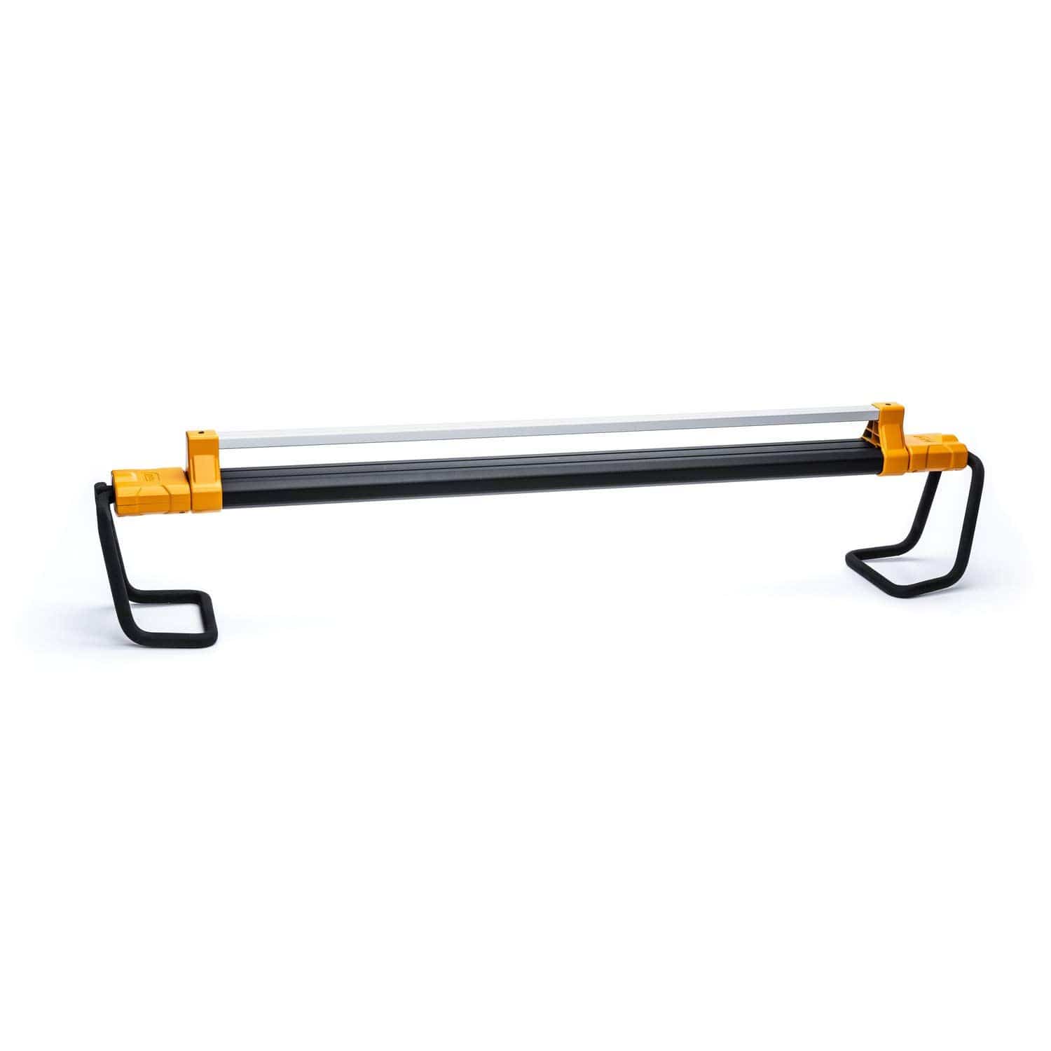 Studio shot of the underhood rack mounting bar in its collapsed state featuring black and orange components and padded hooks.
