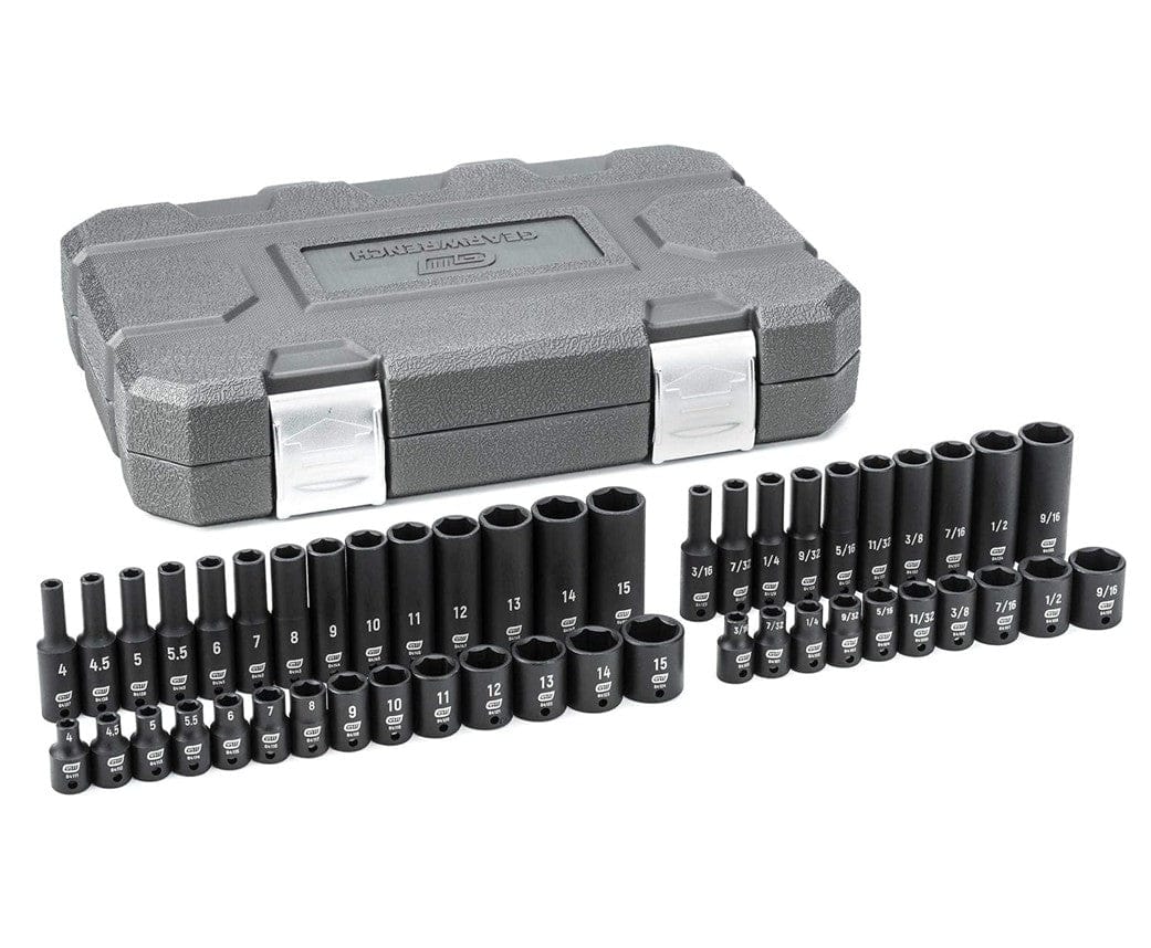 Full 48-piece set displayed in rows in front of a closed grey blow-mold storage case with silver latches.
