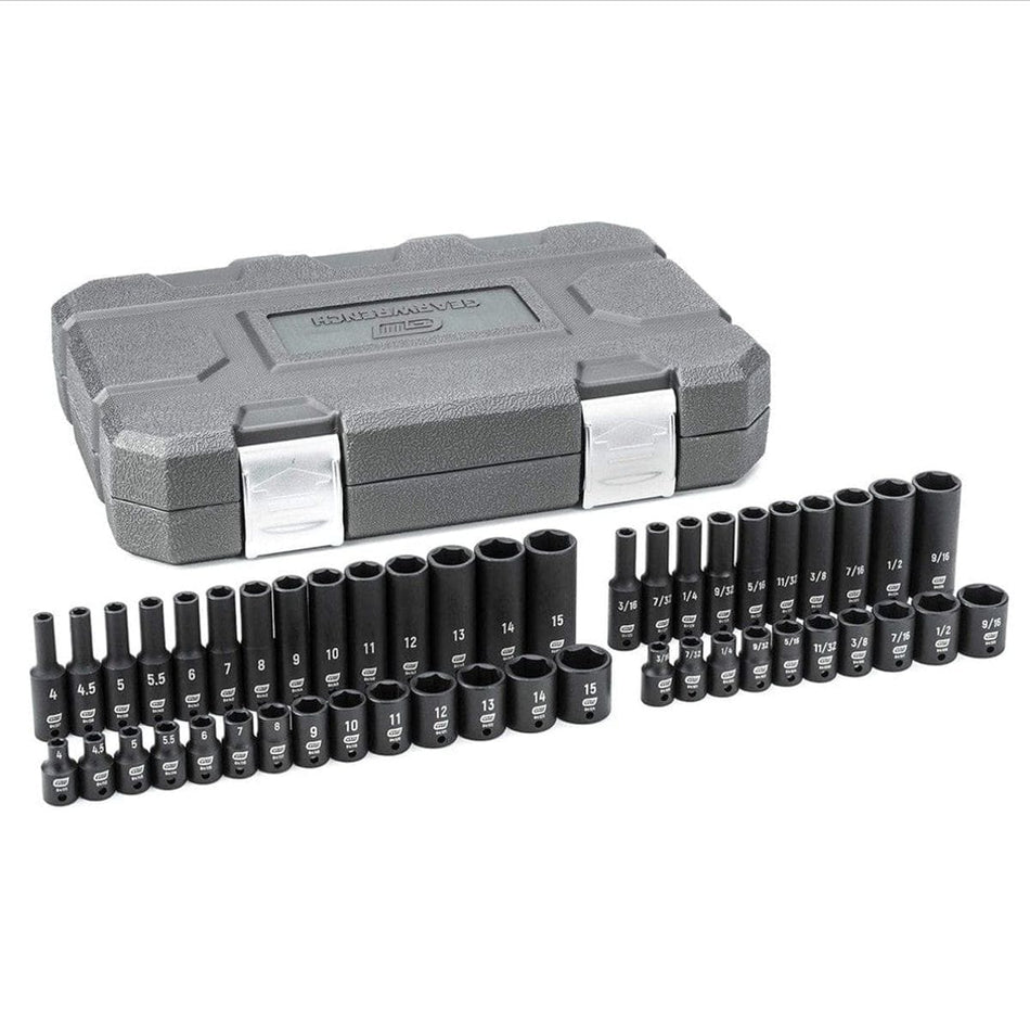 Full 48-piece set displayed in rows in front of a closed grey blow-mold storage case with silver latches.