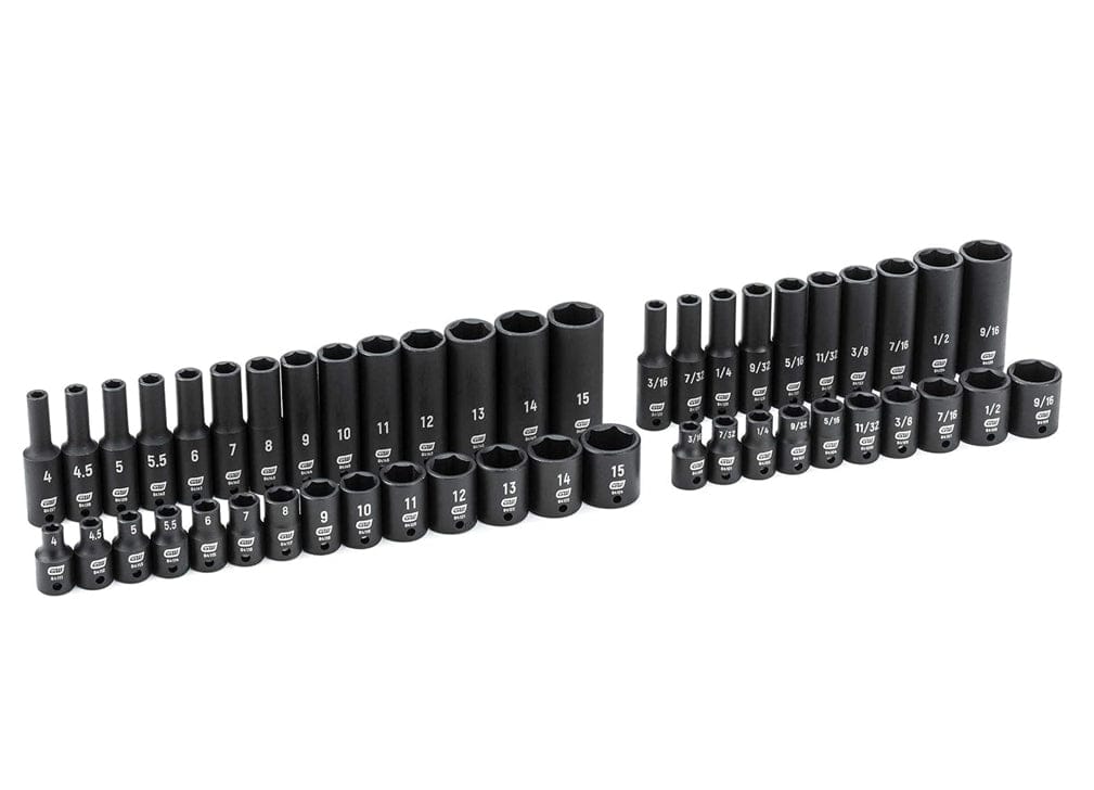 Complete 48-piece impact socket set arranged in four rows, displaying both standard and deep lengths for SAE and metric sizes.
