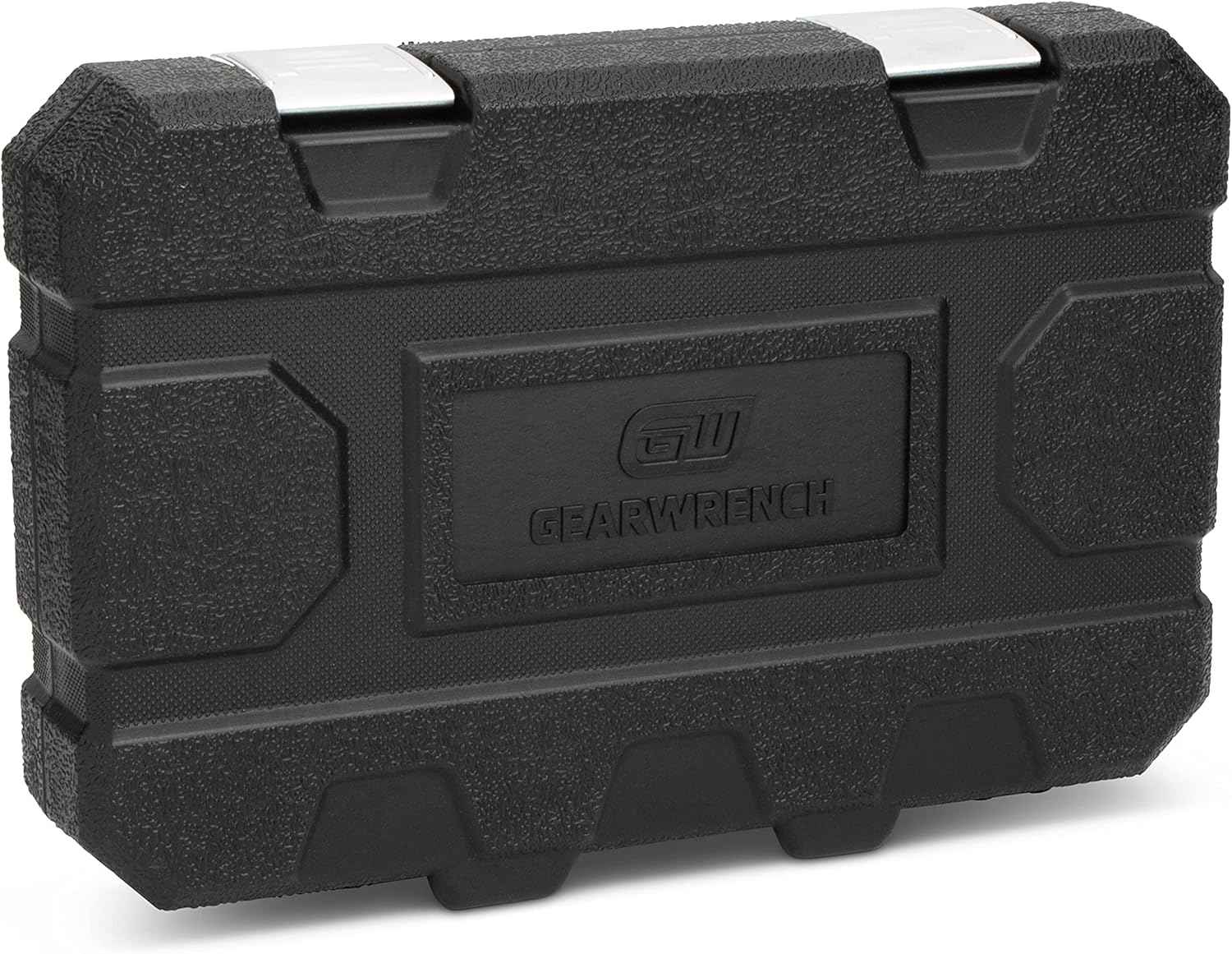 Closed black blow-mold storage case with a textured surface and silver sliding metal latches.