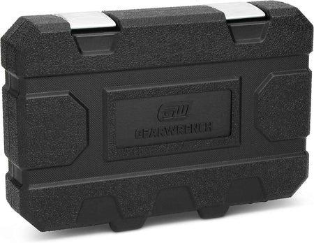 Closed black blow-mold storage case with a textured surface and silver sliding metal latches.