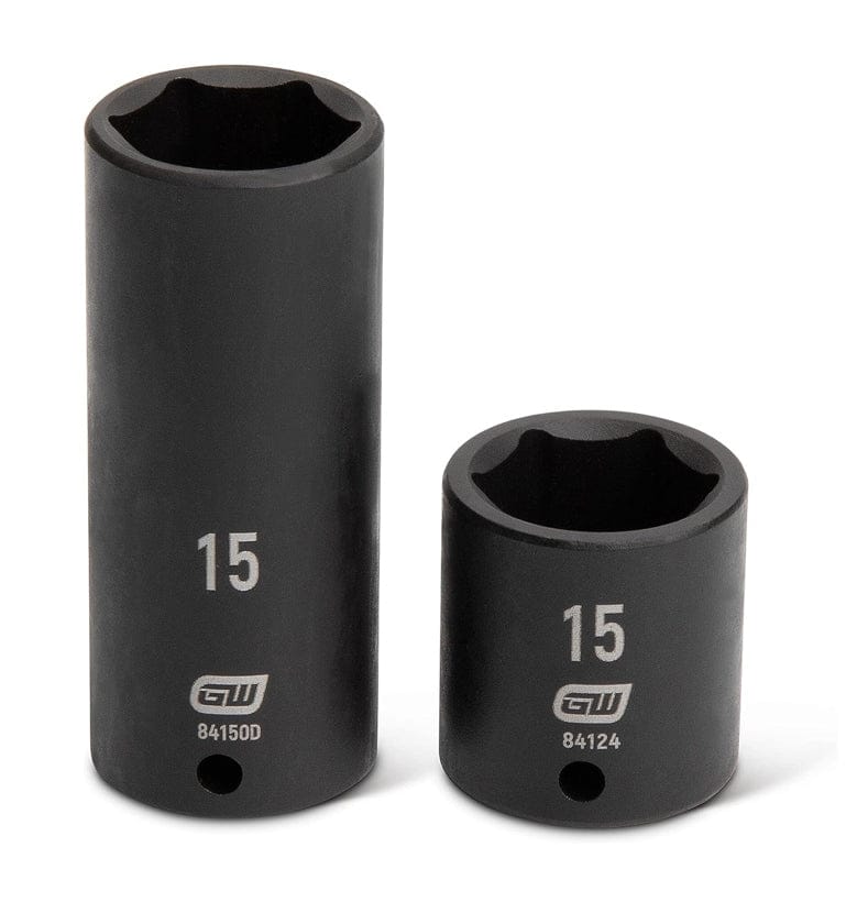 Studio view of a 15mm deep impact socket and a 15mm standard impact socket standing side by side.