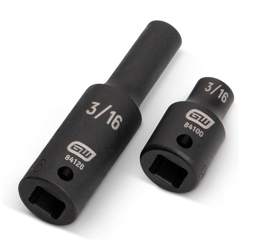 Studio view of a 3/16 inch deep impact socket and a 3/16 inch standard impact socket standing side by side.