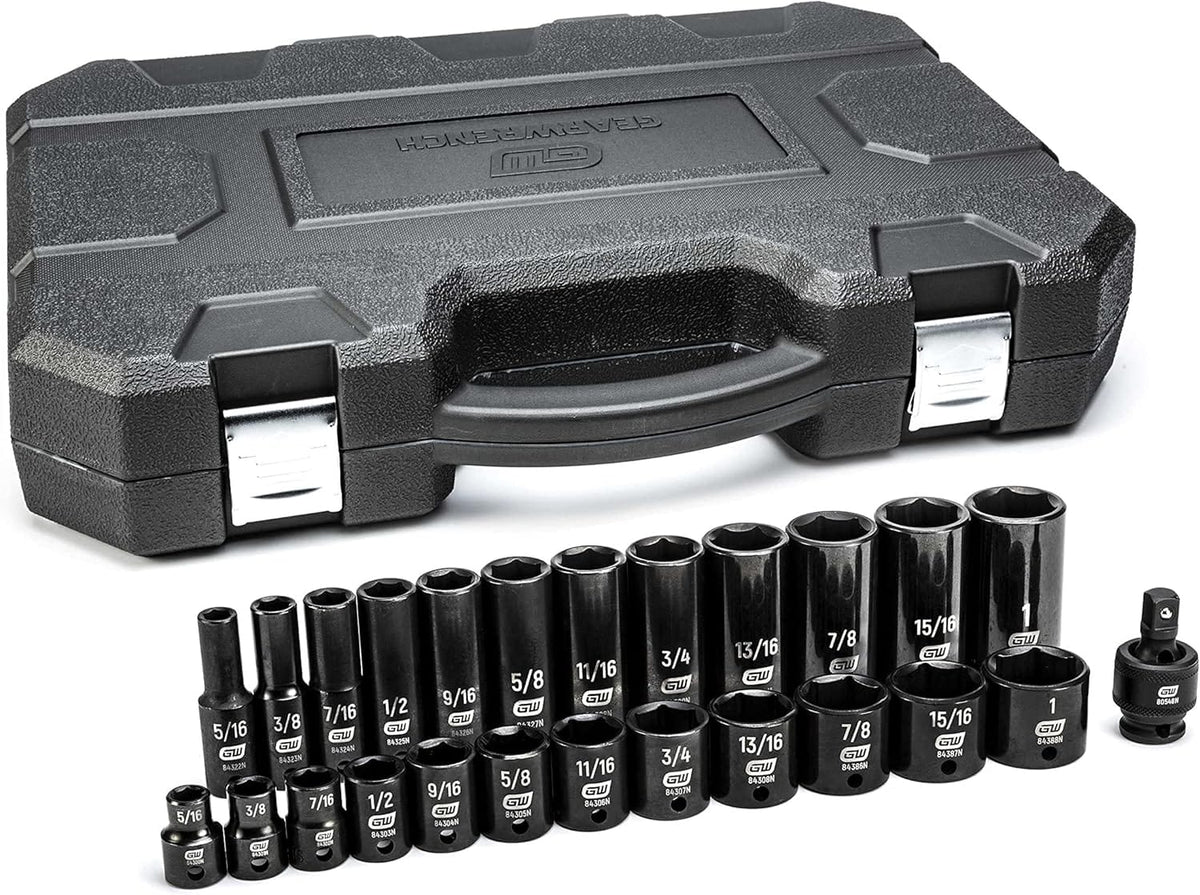 This is an eye-level shot of a black, hard-plastic tool case with a handle and two silver clasps, positioned behind an assortment of black socket wrenches. The wrenches are neatly arranged in rows by size, from smallest on the left to largest on the right, with both shallow and deep sockets visible.