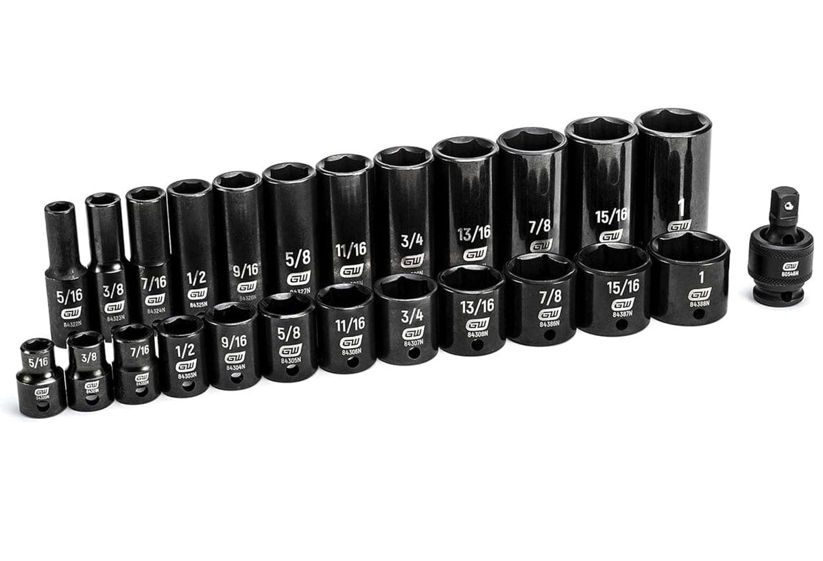 Complete set of black impact sockets arranged in a row, labeled with SAE sizes from 5/16 to 1 inch.