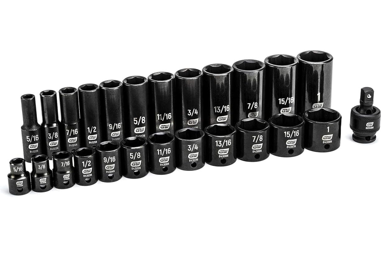 Complete set of black impact sockets arranged in a row, labeled with SAE sizes from 5/16 to 1 inch.