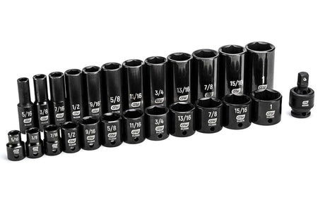 Complete set of black impact sockets arranged in a row, labeled with SAE sizes from 5/16 to 1 inch.