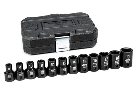 Full 12-piece GearWrench impact socket set arranged by size in front of a closed black blow-mold storage case.