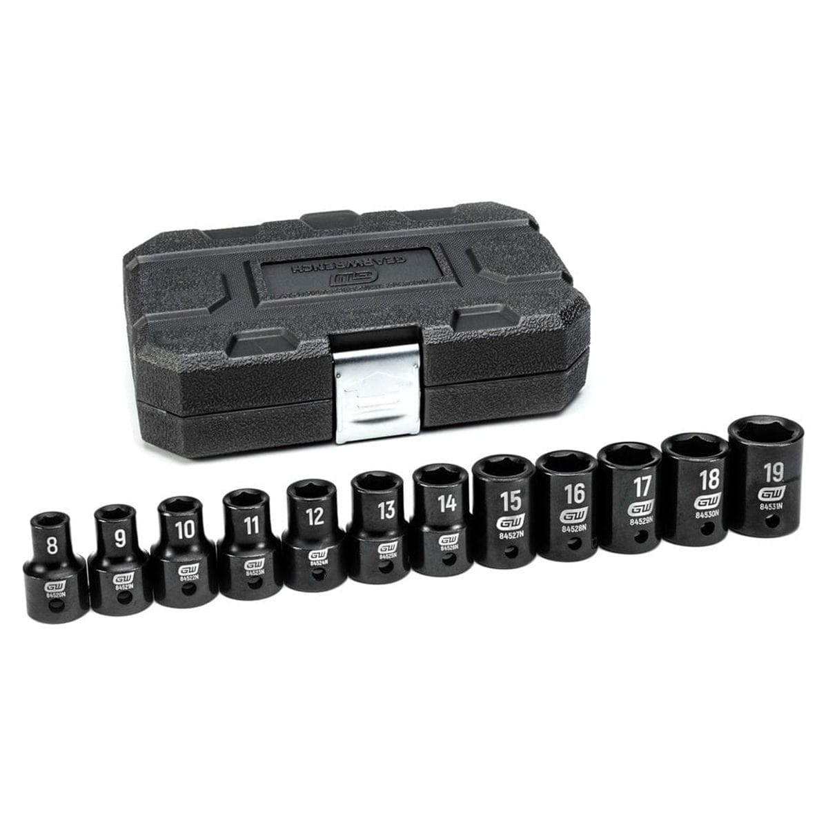 Full 12-piece GearWrench impact socket set arranged by size in front of a closed black blow-mold storage case.
