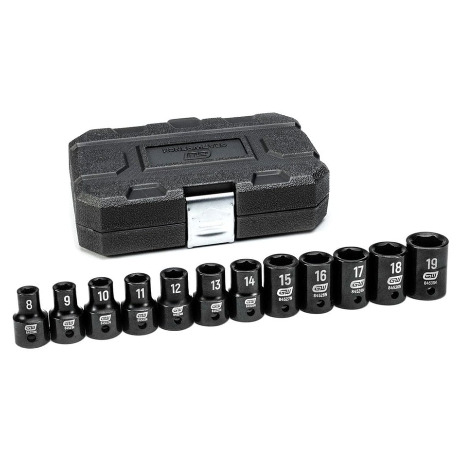 Full 12-piece GearWrench impact socket set arranged by size in front of a closed black blow-mold storage case.