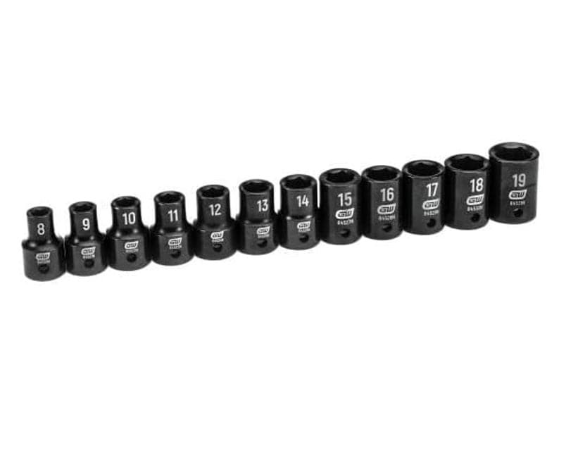 12 GearWrench metric impact sockets lined up in ascending order from 8mm to 19mm showing the black oxide finish and size markings.