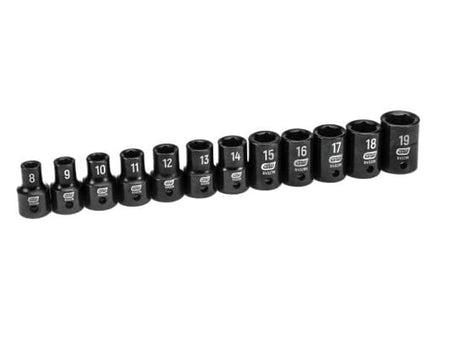 12 GearWrench metric impact sockets lined up in ascending order from 8mm to 19mm showing the black oxide finish and size markings.