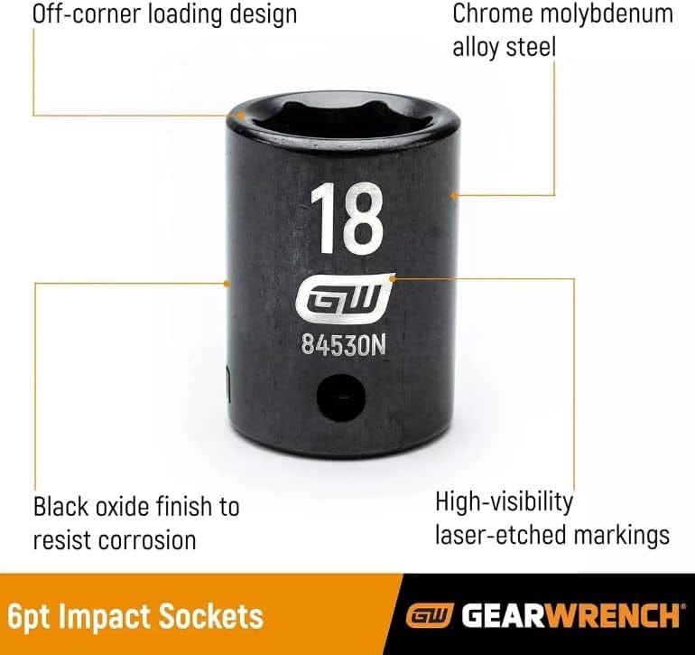 Technical infographic of a GearWrench impact socket highlighting features such as off-corner loading, chrome molybdenum steel construction, black oxide finish, and high-visibility markings.