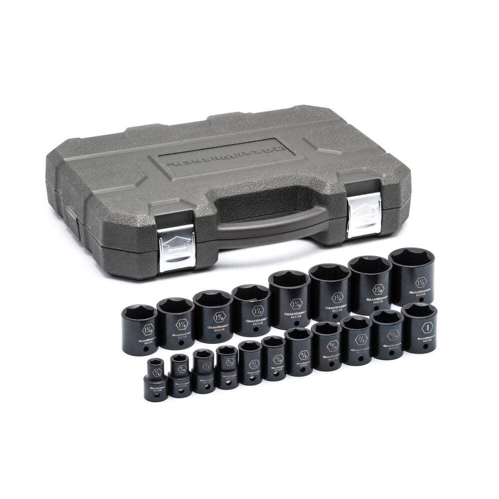 An alternate angle view of the GearWrench 84932N deep impact socket set, showing the full range of 18 SAE sockets with the durable black carrying case displayed behind them