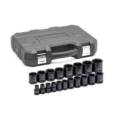 An alternate angle view of the GearWrench 84932N deep impact socket set, showing the full range of 18 SAE sockets with the durable black carrying case displayed behind them