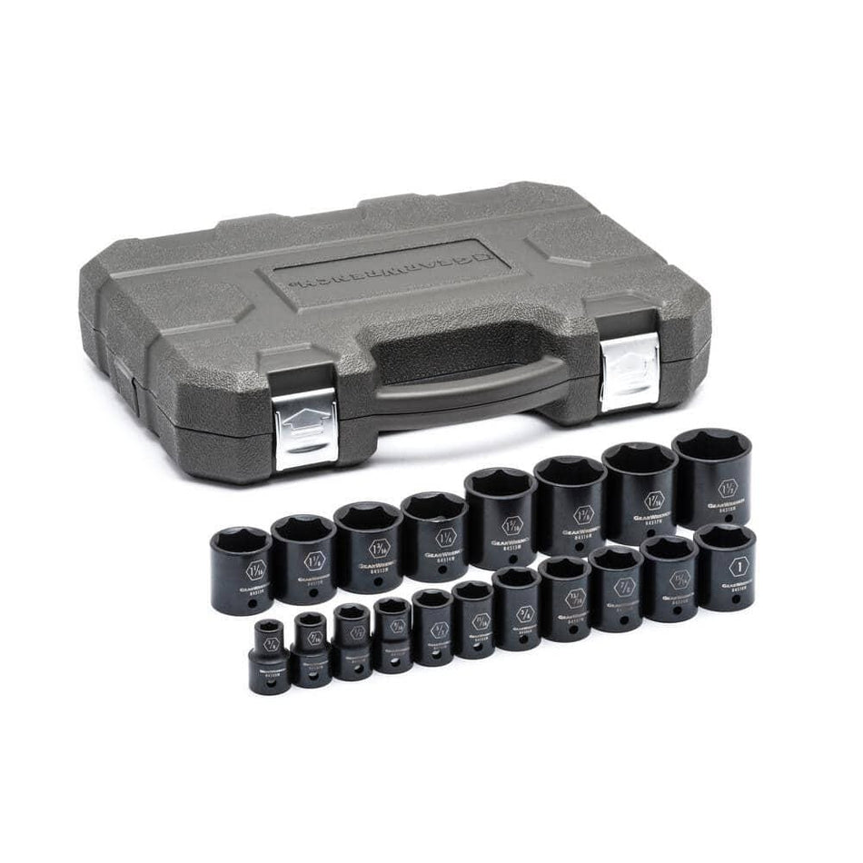 An alternate angle view of the GearWrench 84932N deep impact socket set, showing the full range of 18 SAE sockets with the durable black carrying case displayed behind them