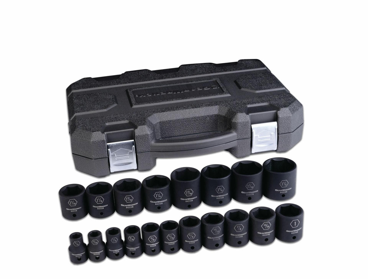 The GearWrench 84932N 19-piece SAE deep impact socket set. Eighteen black sockets are neatly arranged by size in two rows in front of the included closed, heavy-duty black storage case.