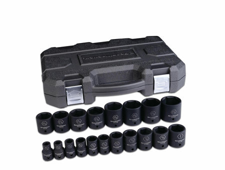 The GearWrench 84932N 19-piece SAE deep impact socket set. Eighteen black sockets are neatly arranged by size in two rows in front of the included closed, heavy-duty black storage case.
