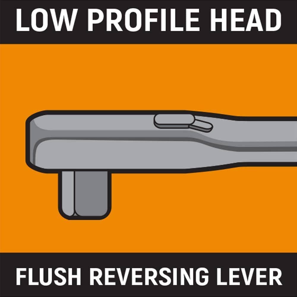 Graphic of a ratchet wrench head labeled “Low Profile Head” and “Flush Reversing Lever,” designed for tight space access.