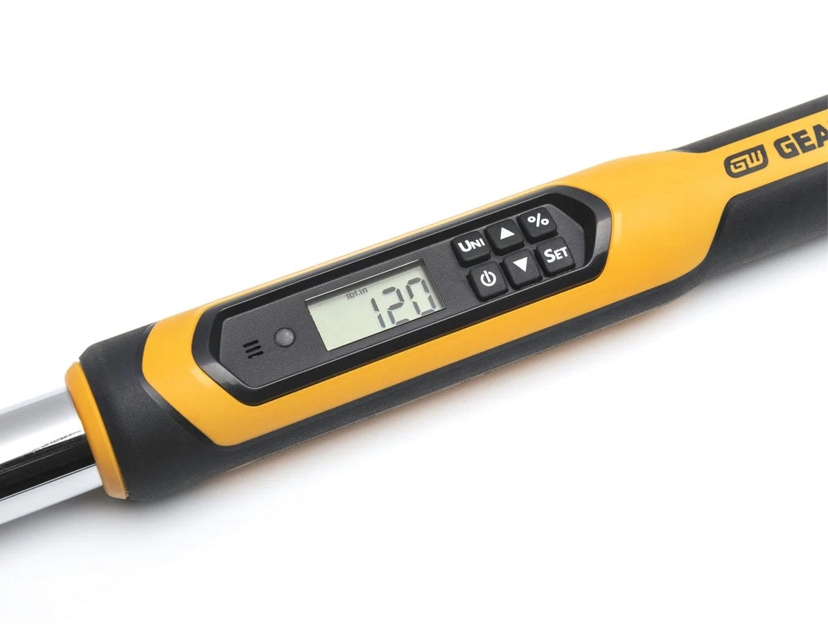 GearWrench digital torque wrench showing torque value “120” on screen, with labeled control buttons for unit and settings.