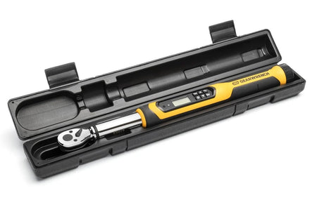 GearWrench digital torque wrench with display and buttons, stored in a molded black plastic carrying case.
