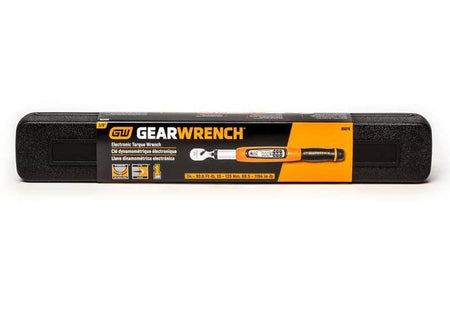 Black storage case for GearWrench electronic torque wrench with printed specifications and branding label on the lid.