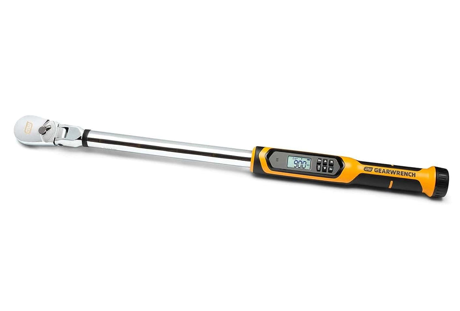 GearWrench digital torque wrench with display screen and ergonomic black-yellow handle, designed for accurate torque control.
