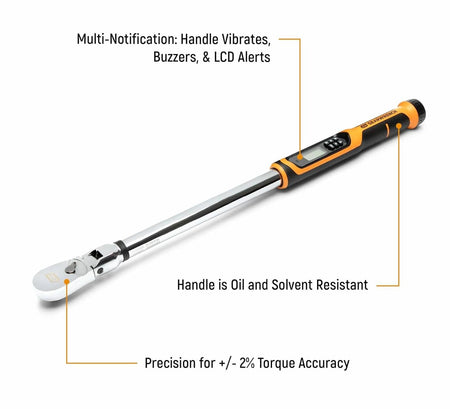 GearWrench torque wrench with LCD display and black-orange handle, highlighting vibration alerts and oil resistance.
