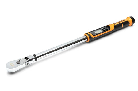 Digital torque wrench with long metal handle, ratcheting head, and display screen for torque settings and readings.